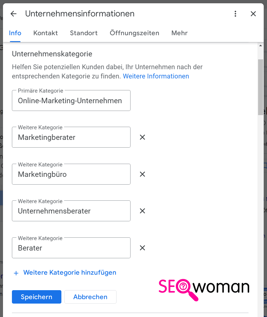 Google MyBusiness Unternehmenskategorien